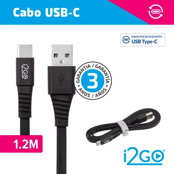 Cabo USB-C i2GO Basic 1,2m 2,4A PVC Flexível Flat Preto - Grid Motors
