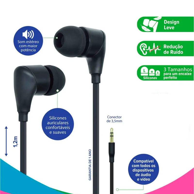 Fone De Ouvido i2GO Basic Intra-Auricular 1,2m 92db Preto - Grid Motors
