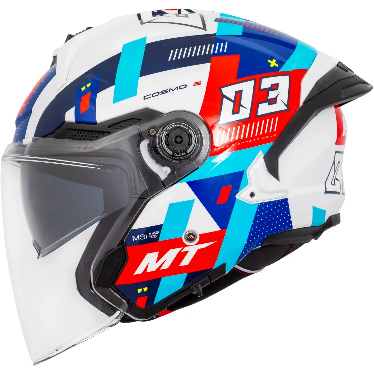 Capacete MT Cosmo SV Sergio Garcia 2024 D7 - Branco/Vermelho/Azul (Aberto)